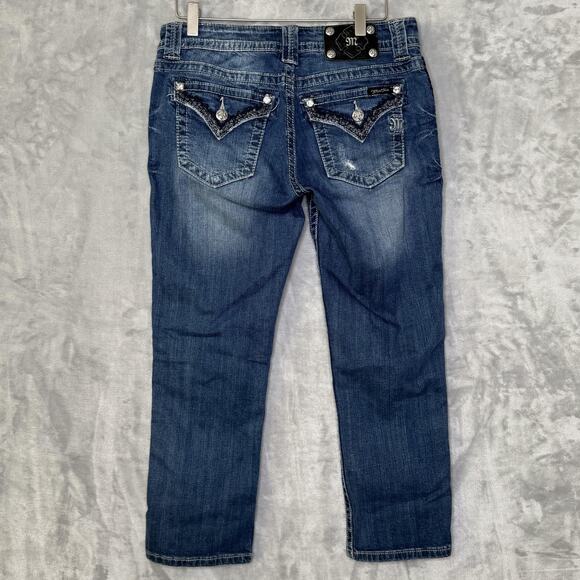 Miss Me Jeans Womens 27 Boyfriend Capri Blue Distressed Embellished Denim Pocket - Picture 2 of 16